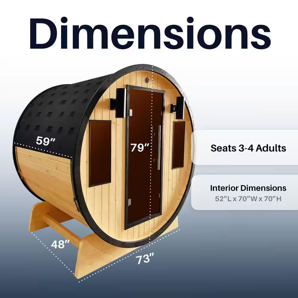 3-Person Capacity Outdoor White Finland Pine Wet/Dry Traditional Barrel Sauna with Black Accents
