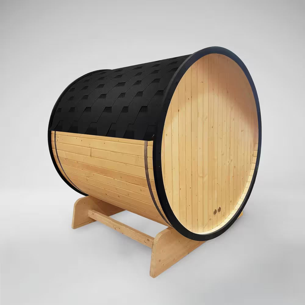 3-Person Capacity Outdoor White Finland Pine Wet/Dry Traditional Barrel Sauna with Black Accents