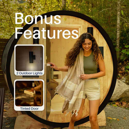 3-Person Capacity Outdoor White Finland Pine Wet/Dry Traditional Barrel Sauna with Black Accents